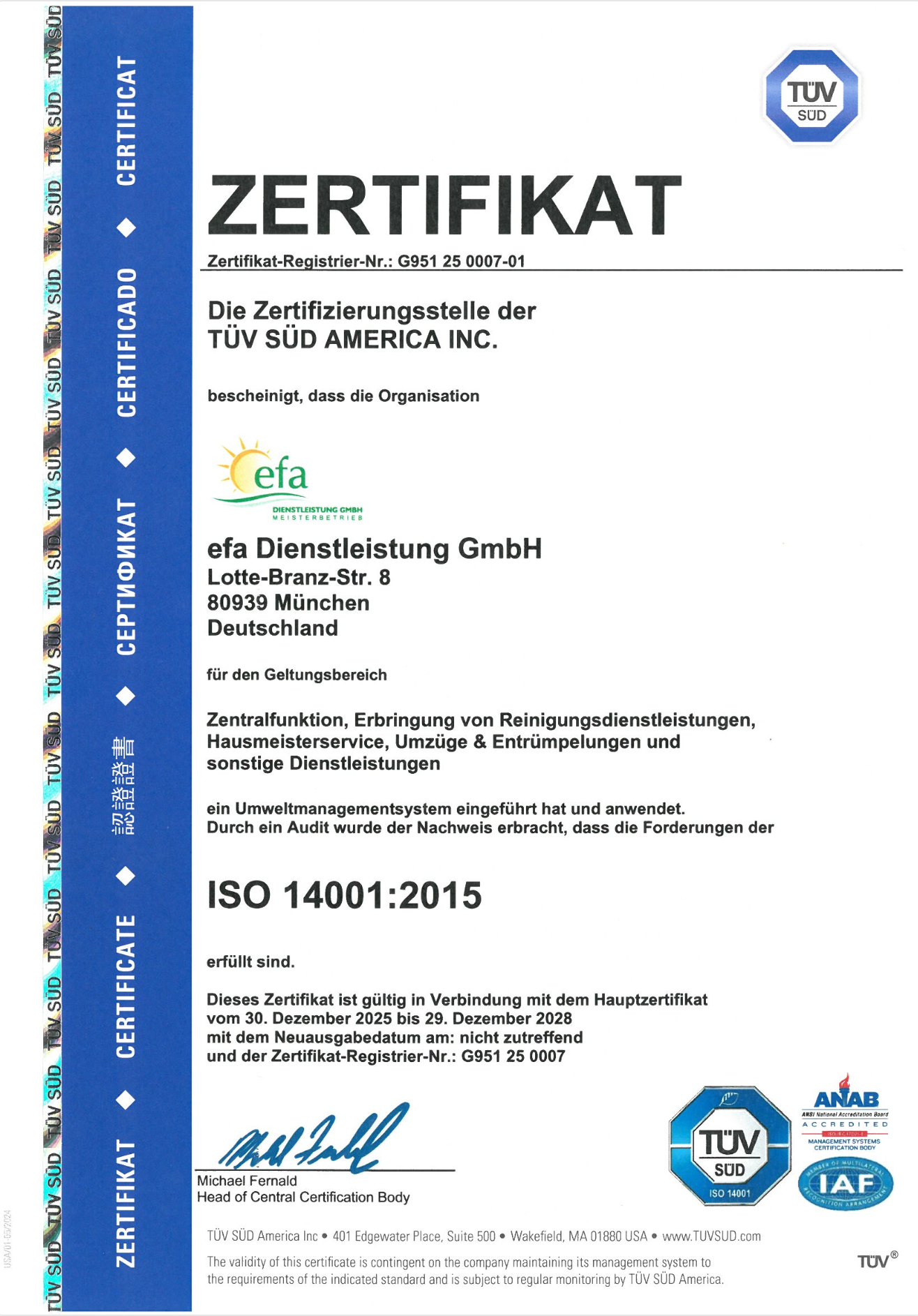 ISO 14001 Zertifikat von TÜV SÜD